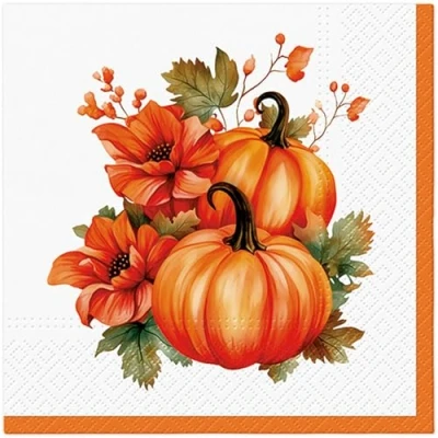 Image de Lot de 20 serviettes table en papier avec motif citrouilles sur fleurs d&#039;automne Convient également pour le découpage et la technique des 33 x cm