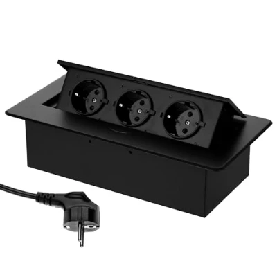 Image de Bâti de Prises Montage escamotable Triple Version Noire Moulage par Injection en Aluminium avec Ouverture Souple prêt à être raccordé Un câble 1,5 m résistant aux Chocs