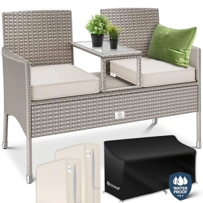 Image de KESSER® Banc de Jardin en rotin 2 Places avec Table et Coussins intégrés 133 x 63 84 cm Banquette rotin, pour Balcon Canapé Sièges Ultra Stables, Gris