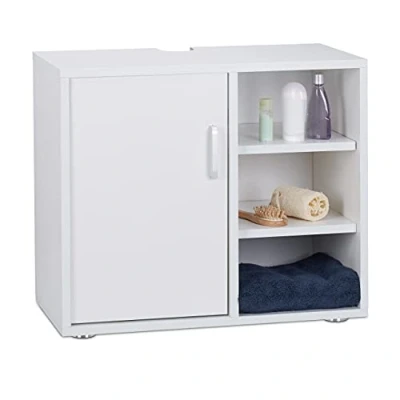 Image de Relaxdays, Blanc Dessous de Lavabo 1 Porte Placard Salle bain 3 Étagères Meuble Sous Vasque WC SDB 51x60x32cm, HLP 51 x 60 32 cm