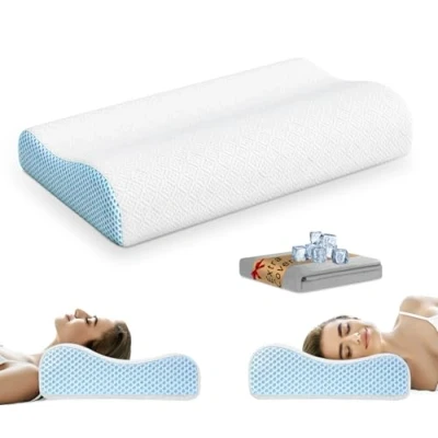 Image de PKBD Oreiller en Mousse à Mémoire de Forme avec Taie d&#039;oreiller Remplacement (Soie Glacée&amp; Coton),Oreiller orthopédique Ergonomique,Oreiller Profilé pour Dormeurs sur Le Côté, Dos et Ventre