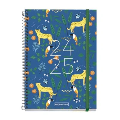Image de Miquelrius Agenda scolaire 2024 2025, septembre à juin dimensions 155 x 215 mm, un jour par page, couverture en carton doublé, reliure spirale métallique noire, catalan et anglais, jungle