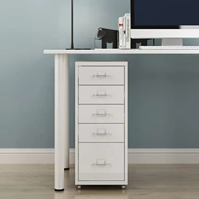 Image de [en.casa] Caisson de Bureau à 5 Tiroirs Meuble Rangement 4 roulettes pour Documents Dossiers Fournitures Acier Laminé Froid 69 x 28 41 cm Blanc