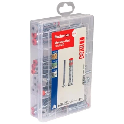 Image de fischer Meister Box chevilles DuoHM pour corps creux + vis TX, boîte à outils avec 52 et vis, plaque fixation de supports TV, luminaires, etc. dans les matériaux
