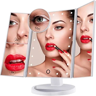 Image de Nestling Miroir de Maquillage, Grossissant Triptyque avec 21pcs LED, Lumineux 10X/3X/2X Ecran Tactile, Alimentation Double, Rotation Réglable à 180