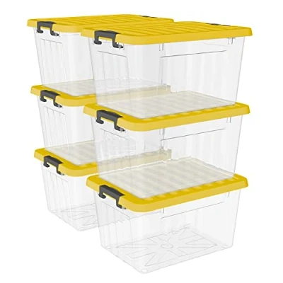 Image de Cetomo Lot de 6 boîtes rangement en plastique transparent 15 L x cm, avec couvercle jaune durable et boucles verrouillage sécurisées, empilables emboîtables, boucle