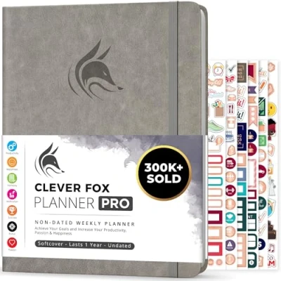 Image de Agenda Clever Fox PRO de vie hebdomadaire et mensuel pour augmenter la productivité, gestion du temps atteindre vos objectifs Organisateur, Durée 1 an A4, Non daté (Gris)