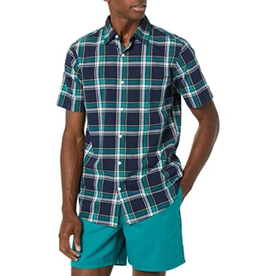 Image de Amazon Essentials Chemise en Popeline à Manches Courtes Coupe Ajustée Homme, Bleu Marine Vert Écossais, XL