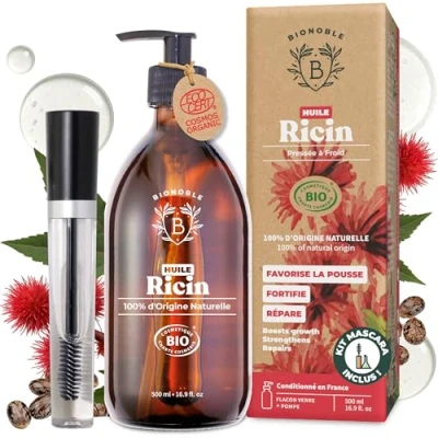 Image de Bionoble Huile de Ricin Bio 500ml + Kit Mascara et Pompe Bouteille en Verre 100% Pure, Naturelle, Pressée à Froid pour Cheveux Cils Sourcils Ongles Castor Oil,