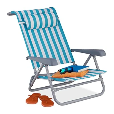 Image de Relaxdays Chaise Longue Pliante, 8 Niveaux réglables, transat de Plage avec Repose tête, accoudoirs, Blanc Bleu, 1 élément