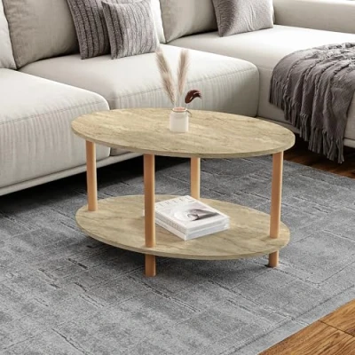 Image de [en.casa] Table Basse Ovale avec Surface de Rangement Meuble Salon Design Panneau Particules Bois Hêtre 43 x 70 44 cm Travertin Naturel
