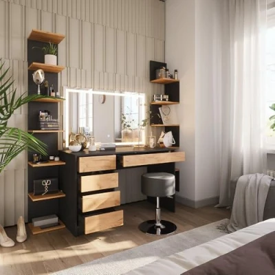 Image de Vicco Coiffeuse Sherry, Anthracite/chêne doré, 120x75cm avec Miroir LED et Tabouret