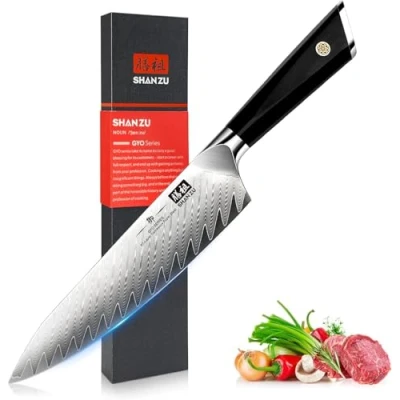 Image de SHAN ZU Couteau de Chef Damas 21 cm, Japonais AUS10 Acier 67 Couche Couteaux Cuisine Professionnelle Motif sergé avec G10 Poignée GYO Series