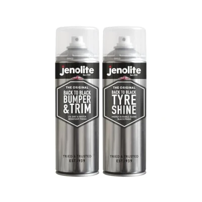 Image de JENOLITE Back to Black Lot de 2 aérosols pare chocs et garnitures + brillance des pneus Restaure protège les chocs, décolorés x 500 ml