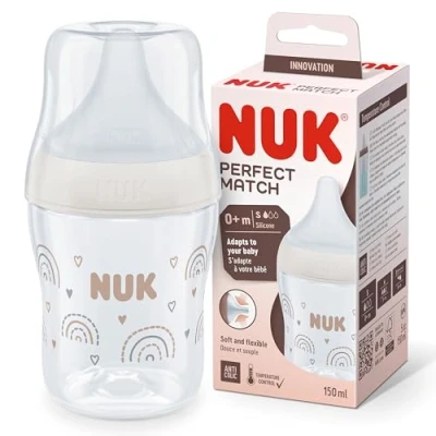 Image de Biberon NUK Perfect Match 0+ mois S’adapte au palais de bébé Contrôle la température Évent anti coliques 150 ml Sans BPA TÉTINE S en silicone Arc ciel