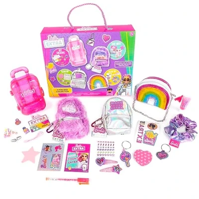 Image de Barbie Lot de 4 Mini sacs avec pinces à cheveux, gloss lèvres, autocollants pour ongles, carnet et accessoires papeterie Sac dos jouets mignon, mixte