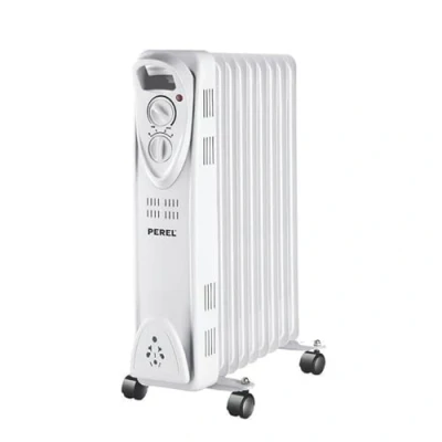 Image de Perel Radiateur à huile 2000W avec 9 ailettes, 3 niveaux de chaleur, thermostat réglable, poignée, roulettes, protection contre la surchauffe et le basculement, chauffage d&#039;appoint portable,