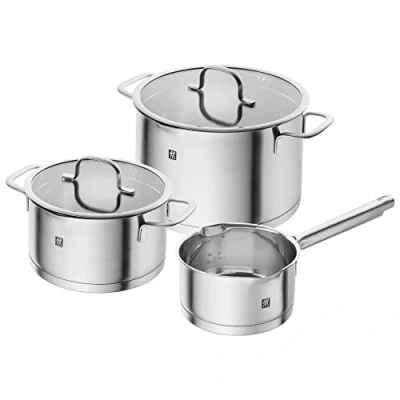 Image de ZWILLING Batterie de Cuisine TrueFlow, 3 Pièces, Acier Inoxydable, Couvercle avec Fonction Verseuse, Adapté à la Chaleur Induction, Argent