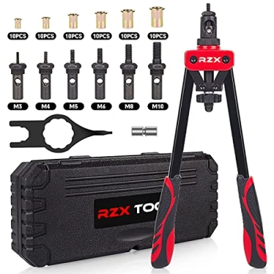 Image de Outil à riveter 14&quot; Kit professionnel pour rivets avec M3 M4 M5 M6 M8 M10 métriques 6 mandrins et 60 écrous, conception permettant de limiter les efforts, étui transport robuste