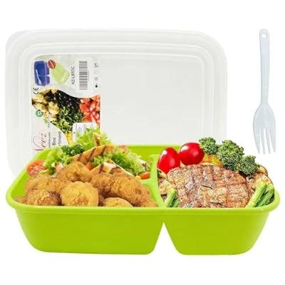 Image de NEEZ Lunch Box Boite Repas 3 Compartiment avec Couvercles (1400ml), Plastiqueboite Conservation Alimentaire pour à Gouter, &amp; Petit Dejeuner, Bento Snack (Vert)