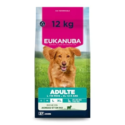 Image de EUKANUBA Life Care Croquettes Chien Adulte Grande Race 18 mois à 6 ans Géante 2 5 ans, Riche en Agneau &amp; Riz, L carnitine, Oméga 3&amp;6, FOS, MOS, Sans colorants, arômes artificiels ni OGM 12 kg