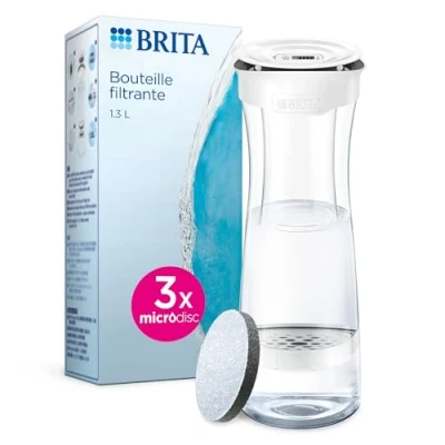 Image de BRITA Bouteille filtrante Blanc Graphite, réduit le chlore, plomb et autres impuretés organiques pour une eau du robinet plus pure, 3 filtres MicroDisc inclus