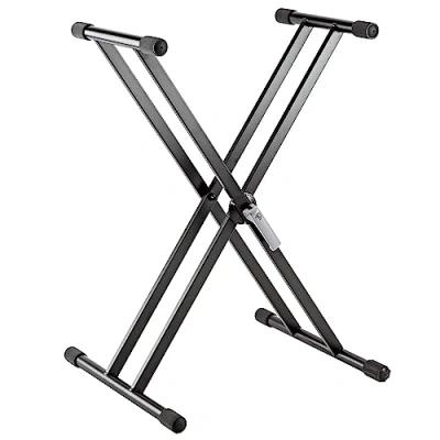 Image de K&amp;M 18997 pied de clavier noir en aluminium léger X avec levier serrage, supports caoutchouc et échelle graduée