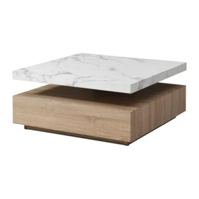 Image de Vente unique Table Basse pivotante avec 1 tiroir en MDF Effet marbre Blanc et Naturel Kyria