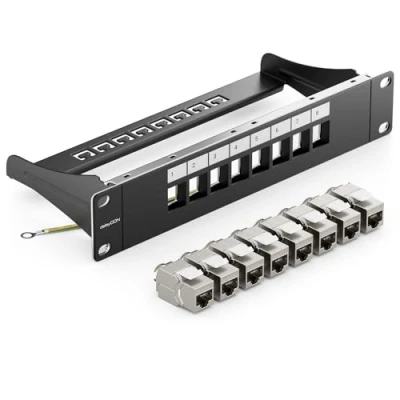 Image de deleyCON SET 8 Ports CAT7 Panneau de Brassage Distribution Modulaire 1 U Installation en Rack 10&quot; + 8x Modules Keystone CAT 7 Réseau LAN RJ45 10 Gbit/s 600 MHz Câble D&#039;installation Noir
