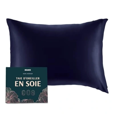 Image de DREAMZIE Taie d Oreiller en Soie 100% Naturelle de mûrier pour Les Cheveux et la Peau 19 mm des Deux côtés 1 unité Bleu Foncé 50x70 cm