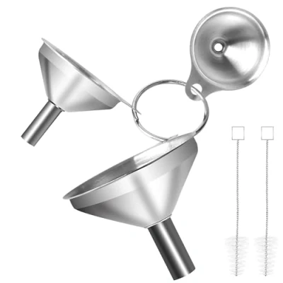 Image de VFANDV 3 Pièces Ensemble d&#039;entonnoirs en Acier Inoxydable, Entonnoir de Cuisine avec 2 Brosse Petit Entonnoirs Empilables Poignée pour le Transfert Liquide Poudre Huile, 4.5/5.5/7.5cm