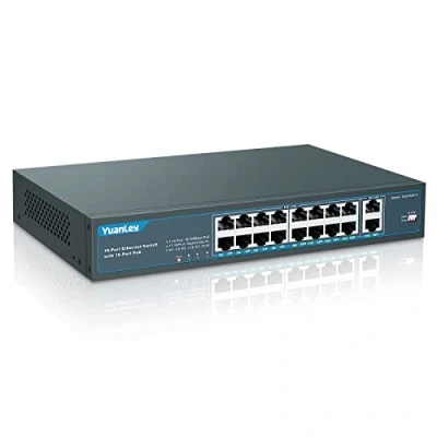 Image de YuanLey 18 Port PoE Switch, 16 PoE+ 100Mbps, 2 Uplink Gigabit, Alimentation Intégrée 250W, 802.3af/at, Montage en Rack Plug and Play Non Géré