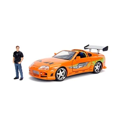 Image de Jada Toys Fast &amp; Furious Brian&#039;s 1995 Toyota Supra Voiture Tuning Échelle 1:24 avec Spoiler, Portes ouvrantes, Capot et Coffre, Toit Amovible, Figurine Brian O&#039;Conner Orange