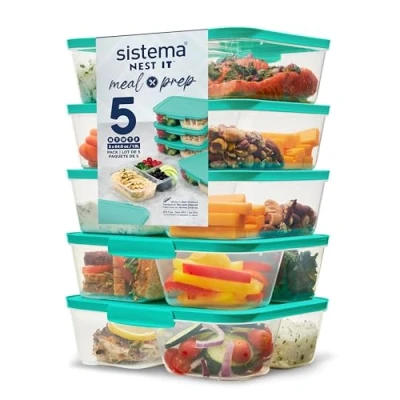 Image de Sistema NEST IT Récipients plats préparés 1,9 litre de conservation alimentaire hermétiques avec compartiments et couvercle Sans BPA Vert Lot 5 [59175]