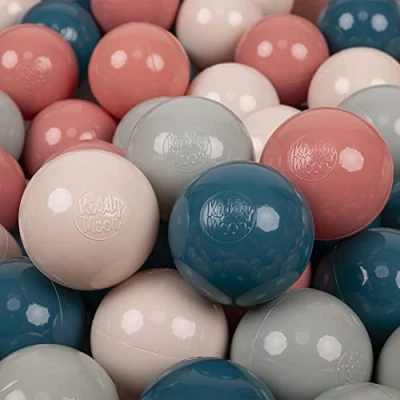 Image de KiddyMoon 200 Balles/7Cm Balles Colorées Plastique pour Piscine Enfant Bébé Fabriqué en EU, Turquoise Foncé/Beige Pastel/Vert De Gris/Saumon