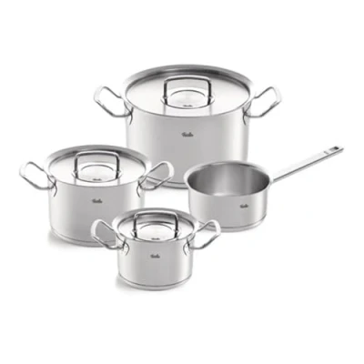 Image de Fissler Original Profi Collection Jeu de Faitouts/Sautoir/Casserole en Acier Inoxydable, 4 Pièces, avec Couvercle Métallique (3 Faitouts, 1 Casserole à Queue Sans Couvercle) Compatible Induction