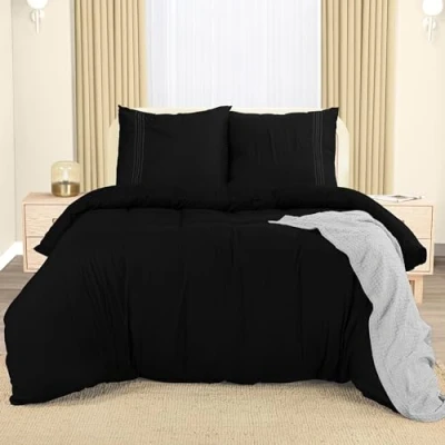 Image de Utopia Bedding Housse de Couette 200x200 cm avec 2 Taies d&#039;oreiller Brodée 80x80 (Noir) Parure Lit Ensembles Housses en Microfibre brossée