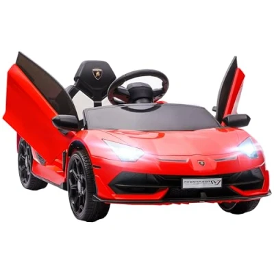 Image de HOMCOM Voiture électrique pour Enfants, Licence Lamborghini Aventador SVJ, 12V avec Portes Papillon, télécommande LED, Musique, USB, Vitesse 3 5 Km/H, Rouge
