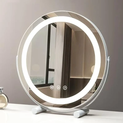 Image de LED Miroir De Maquillage Rond Pour Coiffeuse, Table Lumineux Illumination Avec Commande Par Effleurement Et 3 Niveaux Luminosité，Miroir Rotatif À 360 ( Color : White