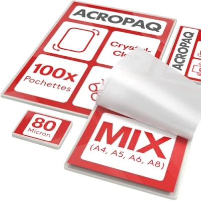 Image de ACROPAQ 100 Feuilles plastifieuses (20 x A4, A5, A6, 40 A8) 80 mic pochettes Différentes tailles bord arrondi