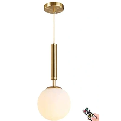 Image de ZOBRO Suspension sans fil à piles avec télécommande et ampoule intensité variable, câble, abat jour globe en verre dépoli blanc, réglable, doré, de 20,1 cm