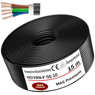 Image de MAS Premium Câble d&#039;alimentation en caoutchouc de 5 à 100 m H07RN F 5G1,5, 2,5, 4, 6 ou 10 flexible avec conducteur protection pour appareils lourds (H07RN 5G10 mm², 15 m)