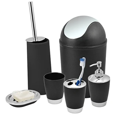 Image de Kabalo Ensemble de 6 Ensembles d&#039;accessoires Salle Bain Douche Noir. Poubelle, Distributeur Savon et Plat, Toilette Pinceau, Porte Brosse à Dents, gobelet