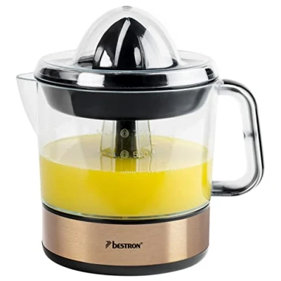 Image de Bestron Presse oranges et agrumes électrique, Inclut 2 cônes de pressage un couvercle pour préserver l&#039;arôme, Moteur à deux sens rotation (gauche/droite), Capacité : 0.7 Litre, Couleur: Cuivre