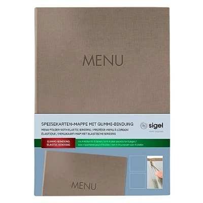 Image de SIGEL SM210 Protège menu à cordon élastique avec 2 pochette transparent pour 8 feuilles DIN A4, gaufrage Menu, beige foncé, 1 pièce