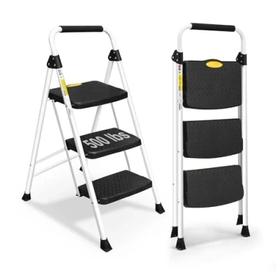 Image de HBTower Échelle Domestique 3 Marches, Escabeau Pliant avec Pédale Large Antidérapante, en Acier Portable Léger, Marches Pliantes pour Le Bureau/la Cuisine Blanc