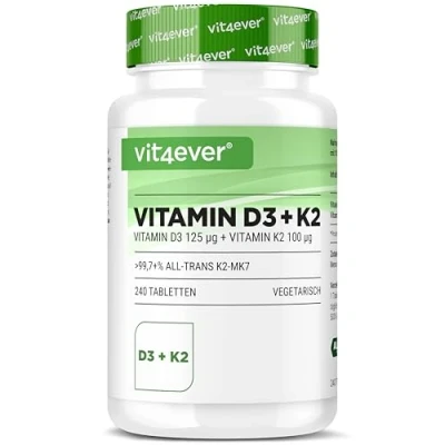Image de Vitamine D3 + K2 Depot 180 comprimés avec 5000 E.I. 200 mcg par UN comprimé 99,7+% All Trans (K2VITAL® by Kappa) Hautement dosé