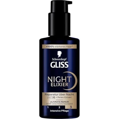 Image de Gliss Night Elixir Ultimate Repair Sérum capillaire régénère les cheveux abîmés pendant le sommeil, soin des doux et régénérés la nuit