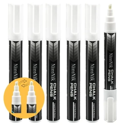 Image de NIMNIK Marqueurs Craie Liquide Blanche Pour Miroir De Voitures à Effaçables Pointe Biseautée Réversibles 6mm 6 Pack Fenêtre