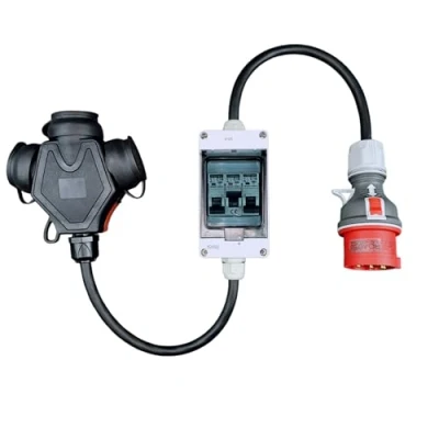 Image de RoadEu Cordon Adaptateur Fiche d&#039;alimentation 16A 3P+N+E vers Triple Prise 2P+E 230V, Disjoncteurs C 1P Câble en Caoutchouc, Rallonge 1m